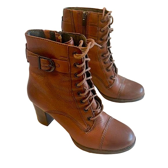 Clark’s Jolissa Gypsum Chestnut Brown Lace up Moto Boots with Block heels Size 7 - Picture 3 of 8